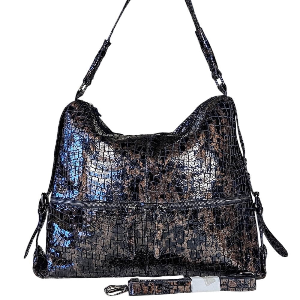 Vintage Donald Pliner Croc-Embossed Patent Leather Hobo Shoulder Crossbody Bag